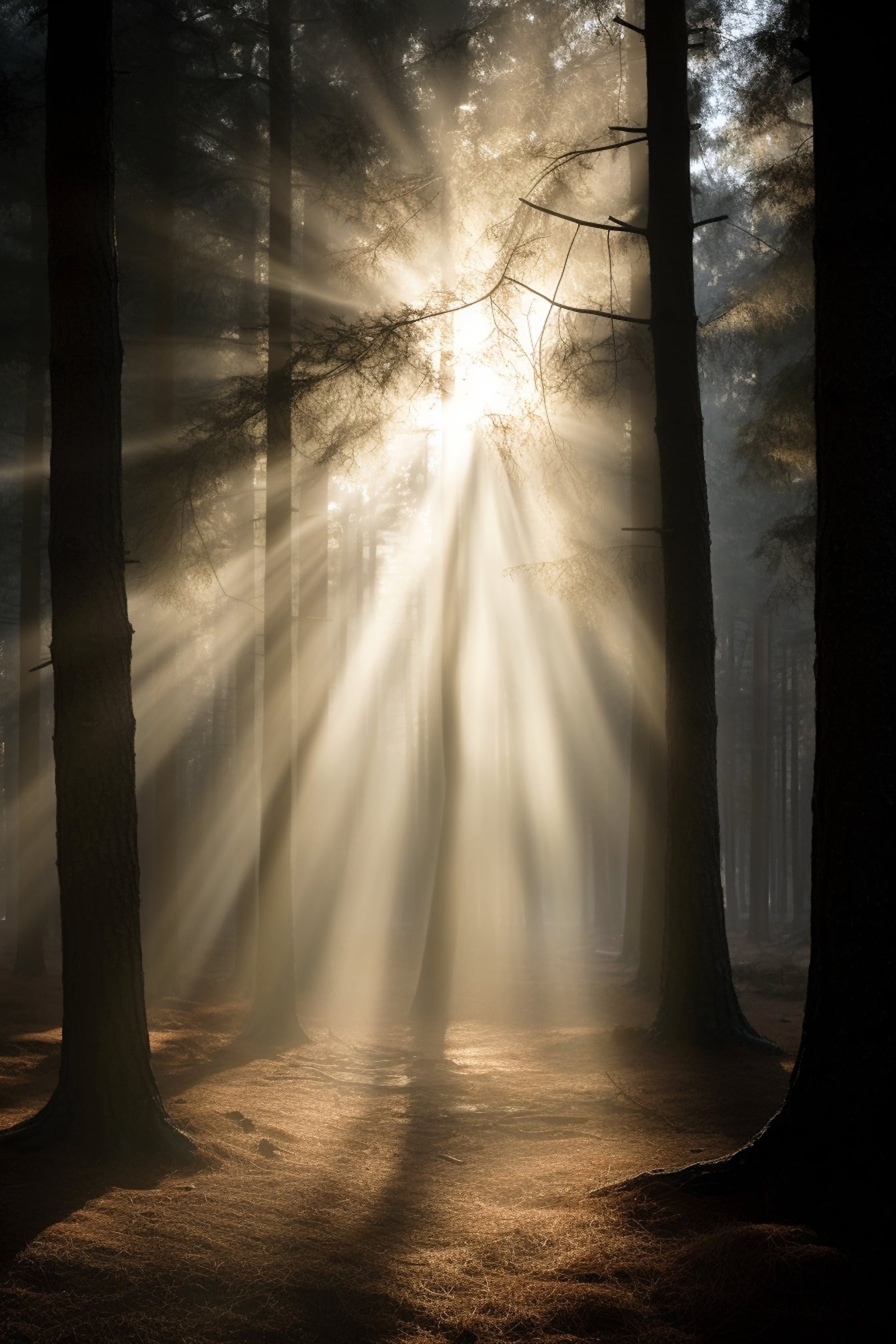 Tma v lese se siluetou stromů a slunečním světlem v pozadí