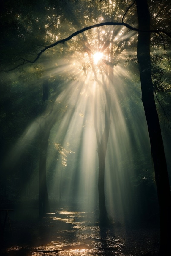 Sylwetka drzew w ciemnym lesie z jasnymi promieniami słońca