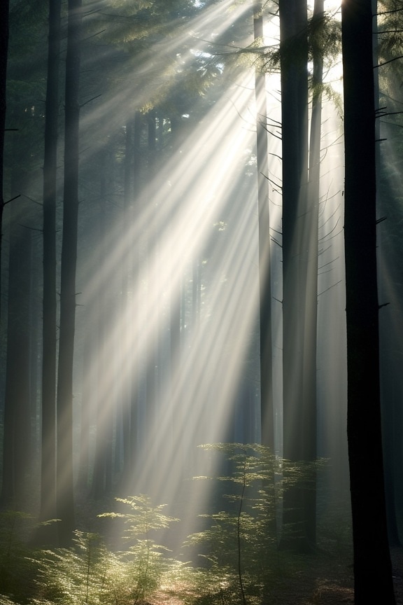 Bright sunrays in foggy forest at dusk