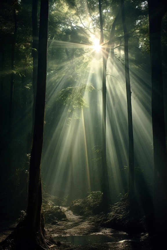 Sylwetka drzew w ciemnozielonym lesie ze światłem słonecznym