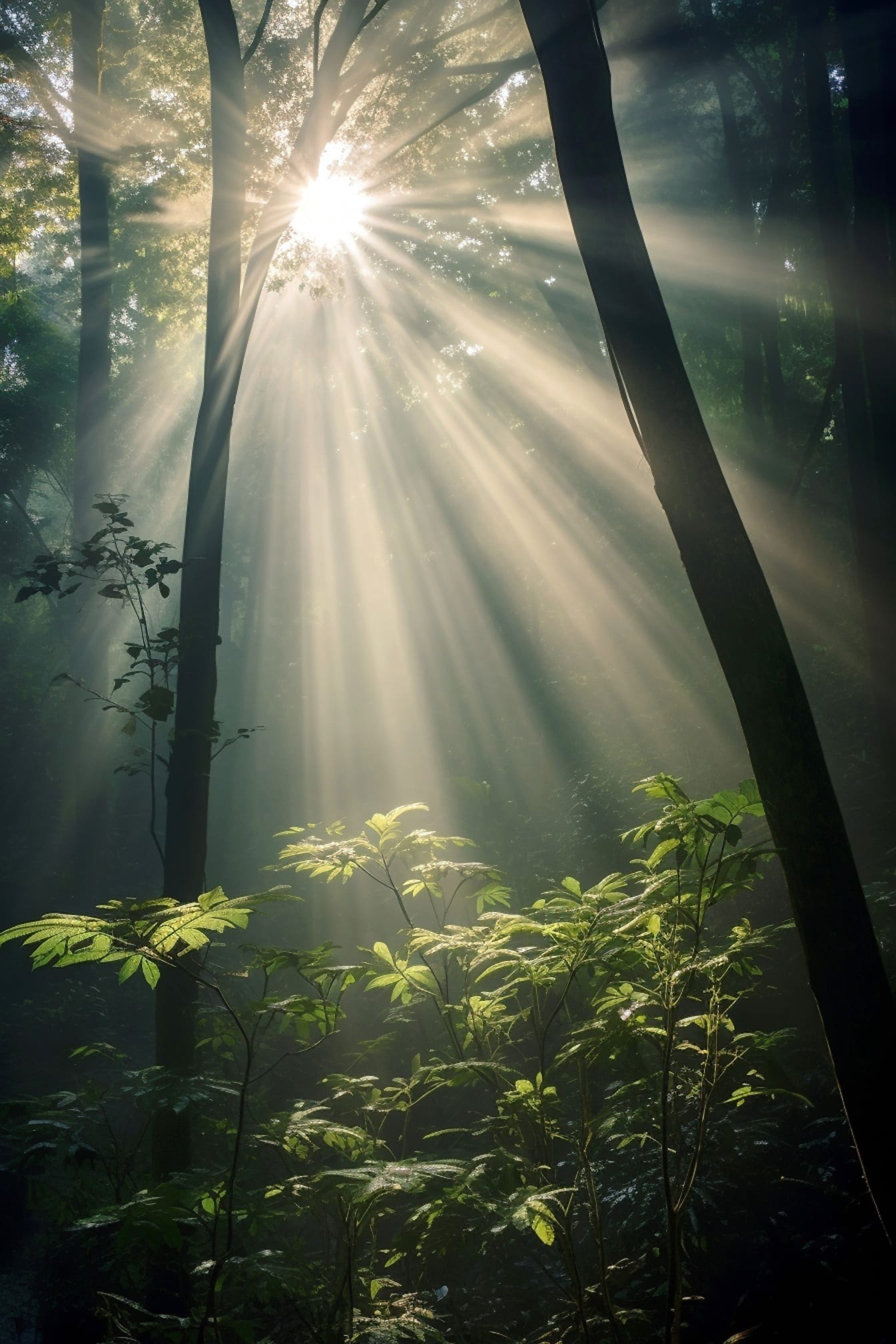 Helles Sonnenlicht Sonnenstrahlen im dunkelgrünen Wald