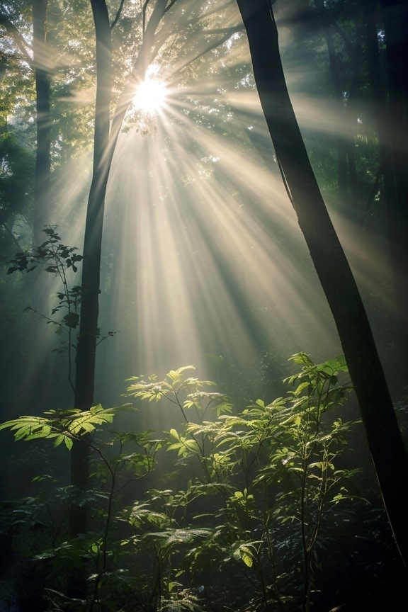 Яркие солнечные лучи в темно-зеленом лесу