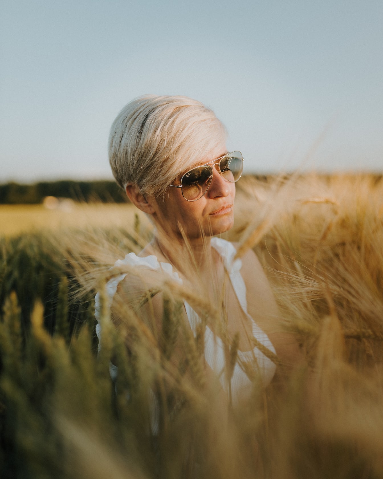 Wanita berambut pendek cantik dengan kacamata hitam di ladang gandum