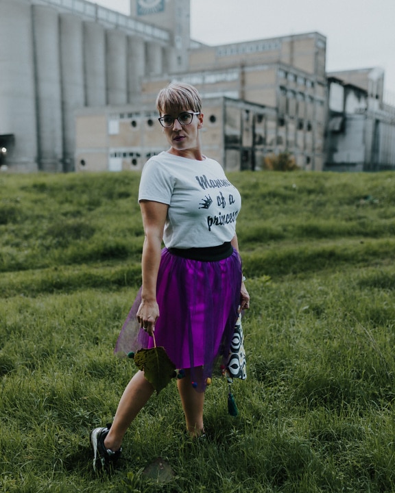 White fancy shirt and purple dress young woman photo model