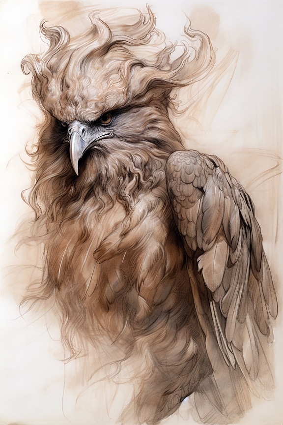 pájaro, depredador, artística, dibujo, marrón claro, color, pluma