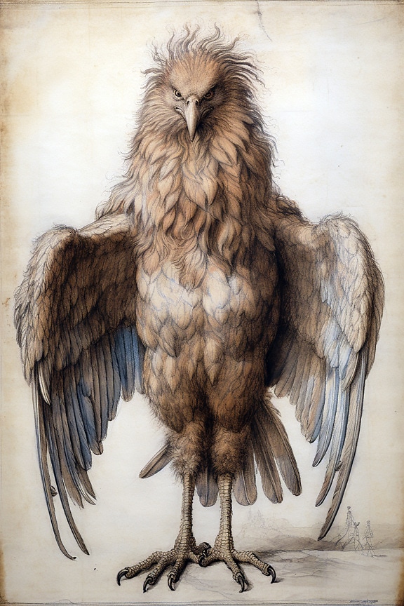 Čiarová kresba orla stojaceho s krídlami hore