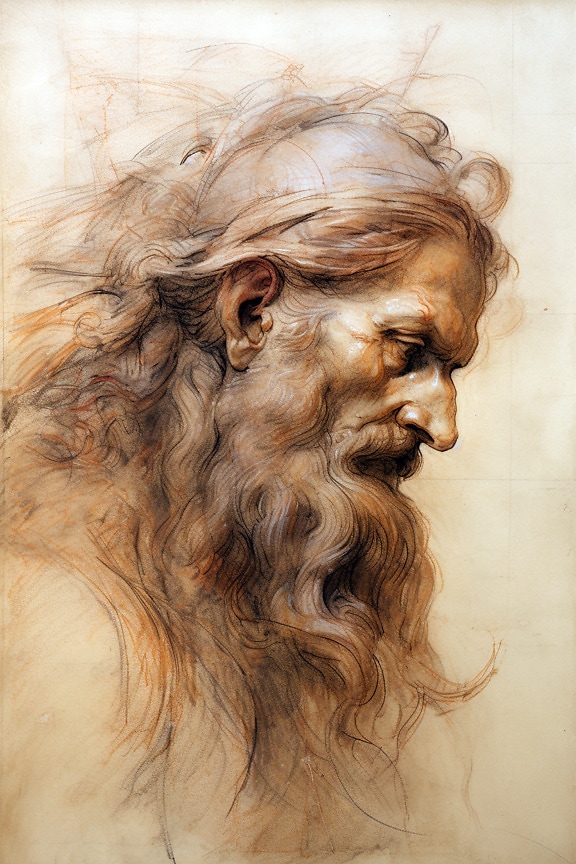 Portrétny náčrt starého muža v stredovekom štýle bočný pohľad