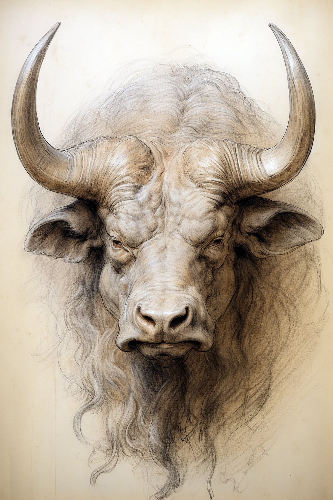 Retrato de boceto de primer plano del toro de cuernos largos