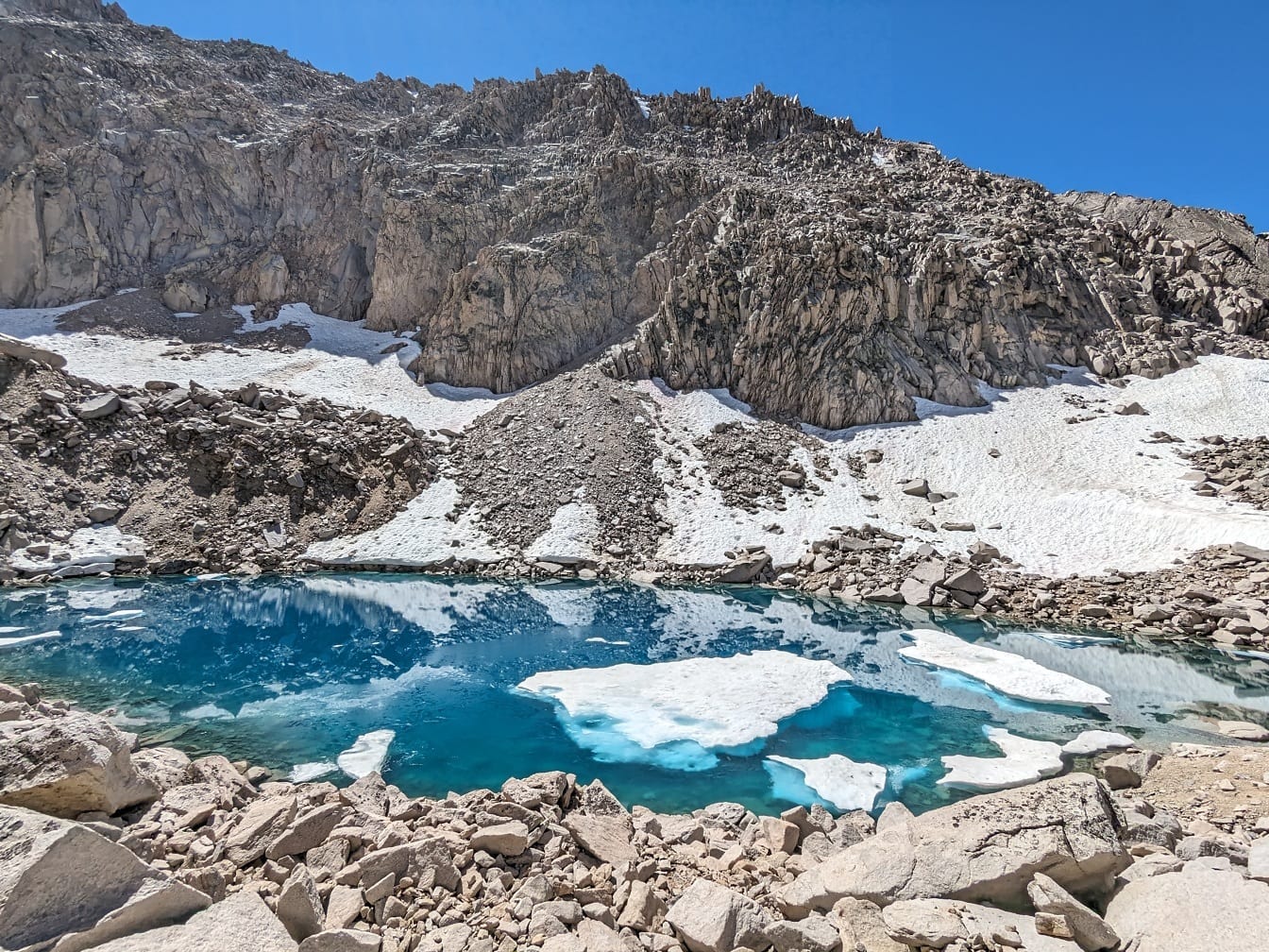 눈 덮인 산봉우리에 푸른 색 빙하 연못