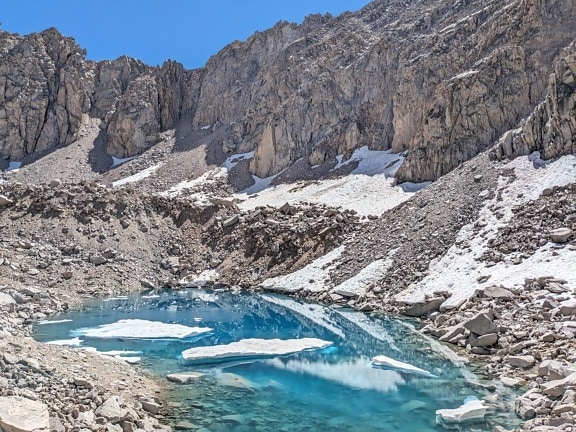 Azurblauer Teich mit kaltem Wasser in den Bergen