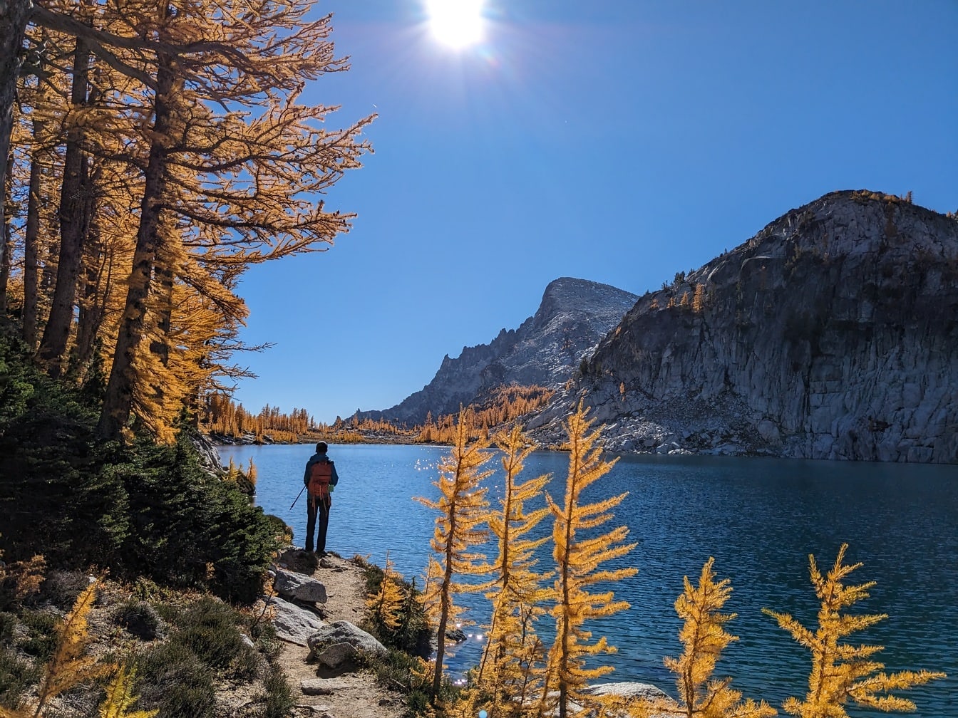Excursionista en la ruta de senderismo a orillas del lago en la temporada de otoño