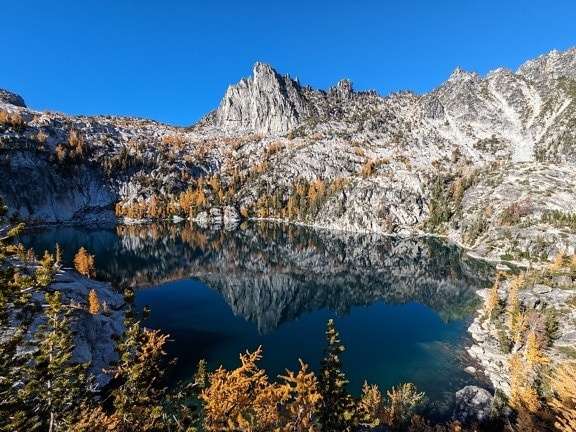 Panorama of lakeside in Enchantments Traverse natural park