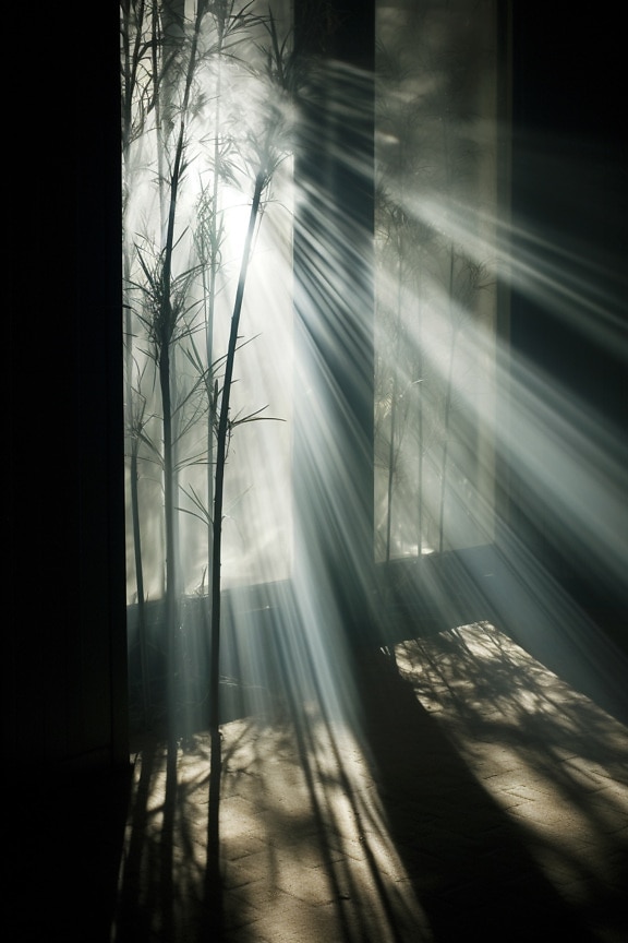 Ragyogó fehér napfény a sötét szoba árnyékában digitális grafika