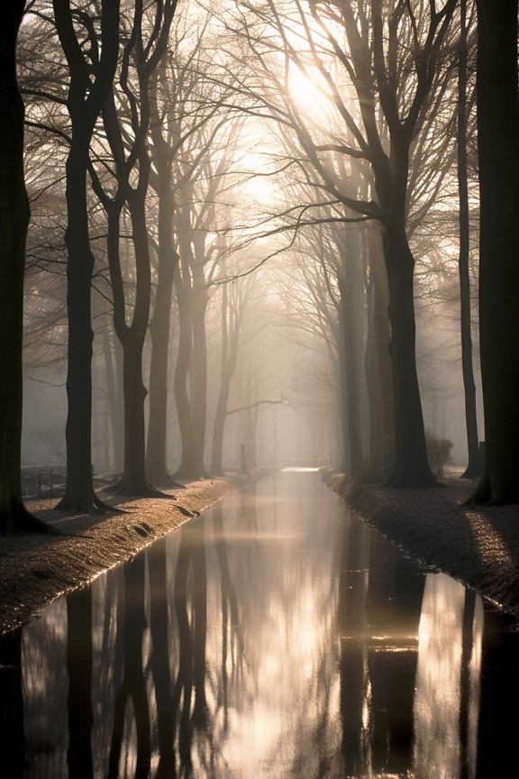 Nebliger Morgen auf dem Kanal im Wald bei Herbstsaison Illsutration