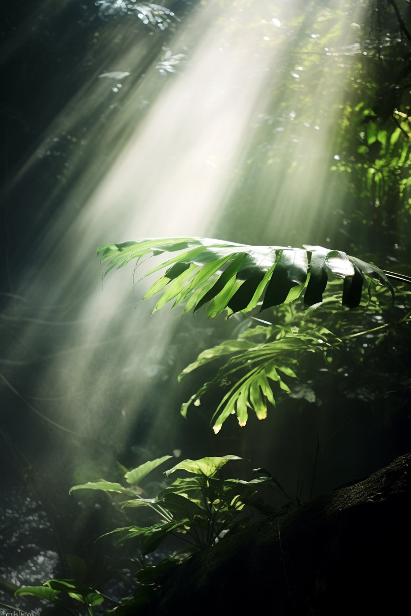 Luz del sol en la selva tropical oscura gráfico digital