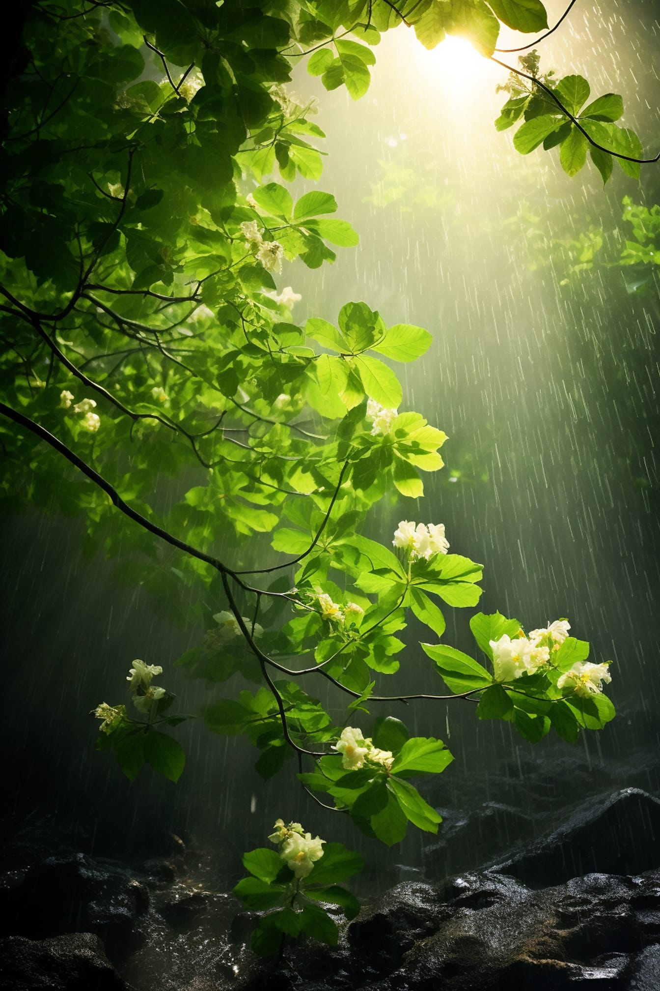 Slnečné svetlo s dažďom na zelenožltých listoch a vetvách