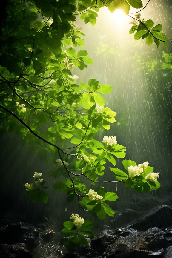 yağmur, Güneş ışığı, yaprakları, yeşilimsi sarı, dalları, manzara, dijital