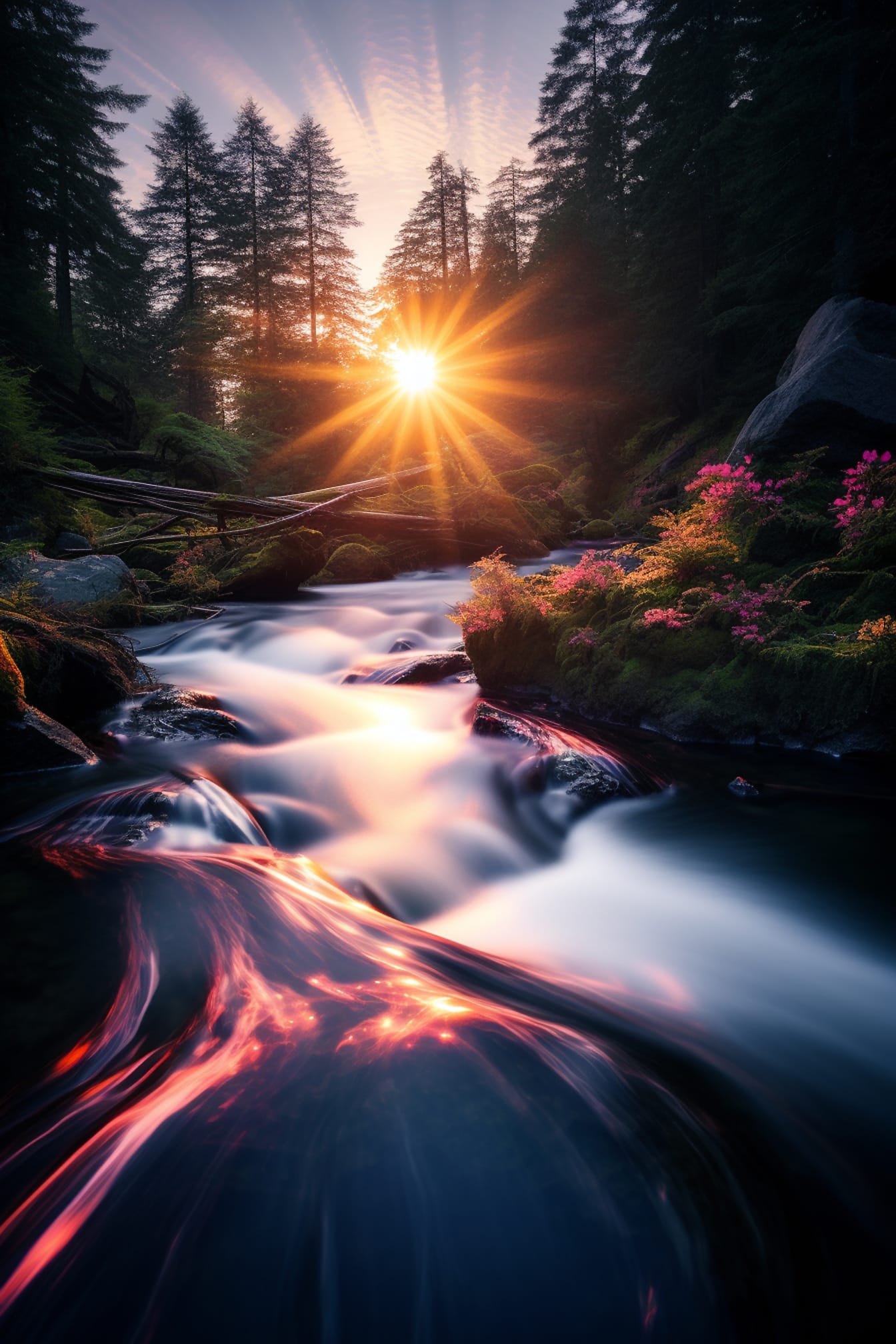 Ragyogó napsugarak napkeltekor a sziklás folyón a vadonban digitális illusztráció