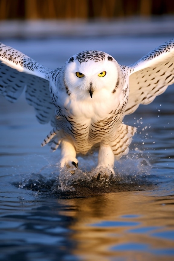 Polar owl (Bubo scandiacus) in flight over water level with splash of water