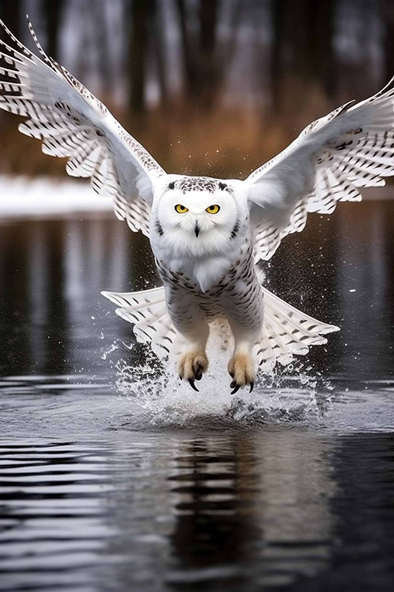 Снежна сова прелита над езеро с водни пръски