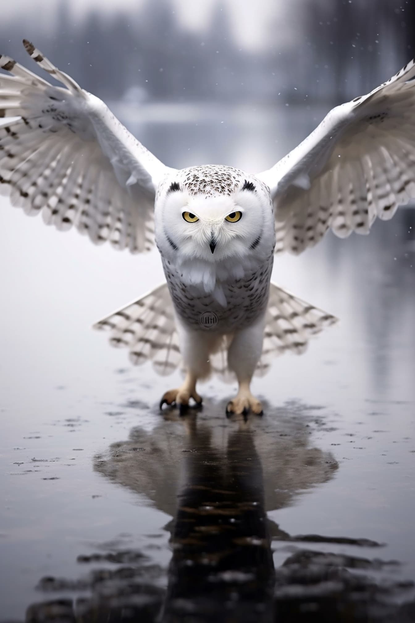 Arctic owl flyover apă înghețată cu fundal neclar