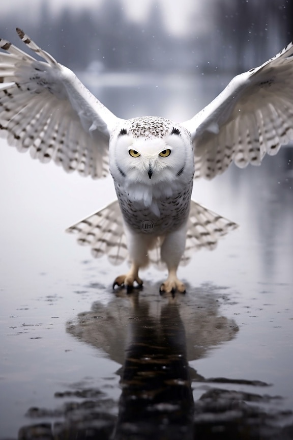 Arctic owl flyover frozen water with blurry background