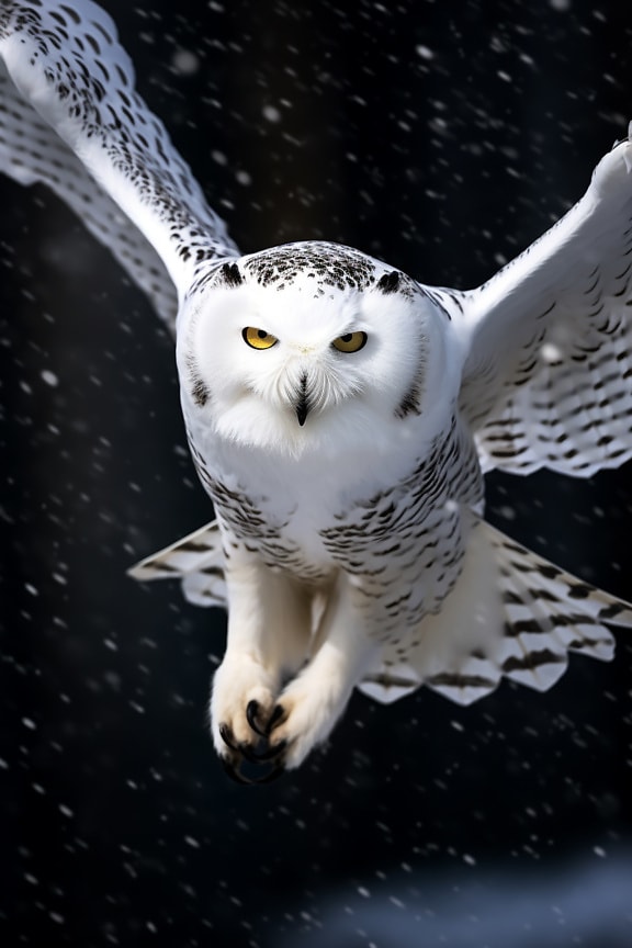 Polar owl with yellowish eyes in flight