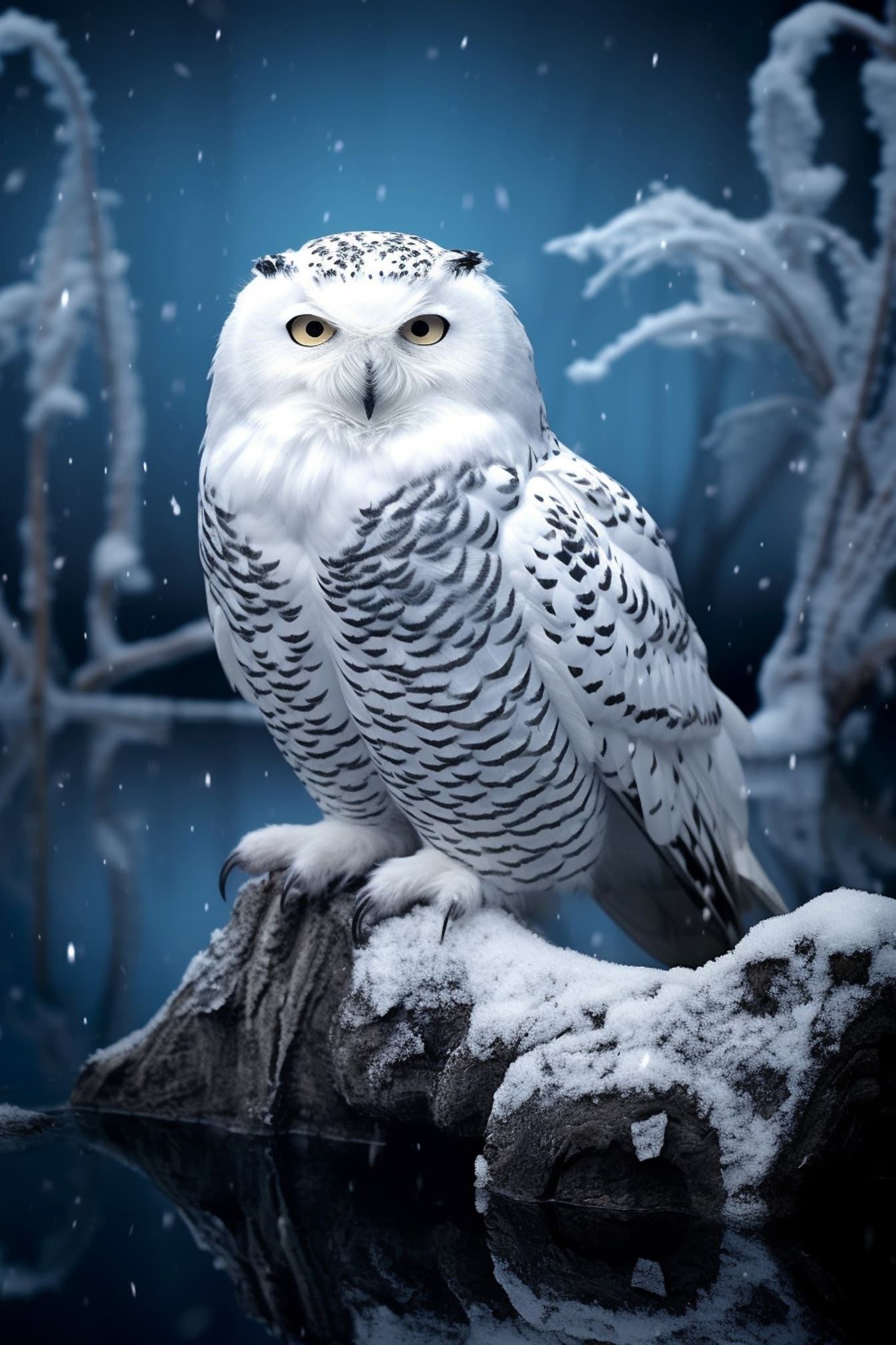 Majesteettinen kuva valkoisesta pöllöstä, jonka taustalla on lumihiutaleita