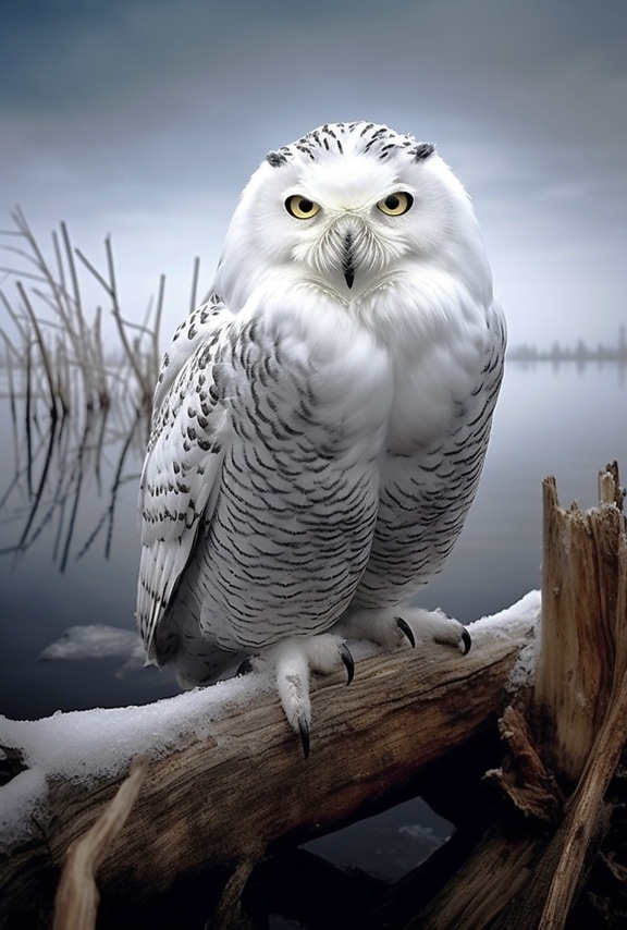 Artistic illustration of arctic white owl perching on snowy driftwood