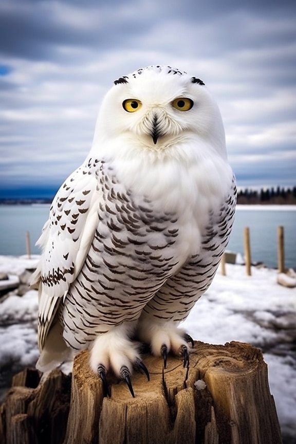 Arctic owl (Bubo scandiacus) sitting on pole by frozen lake
