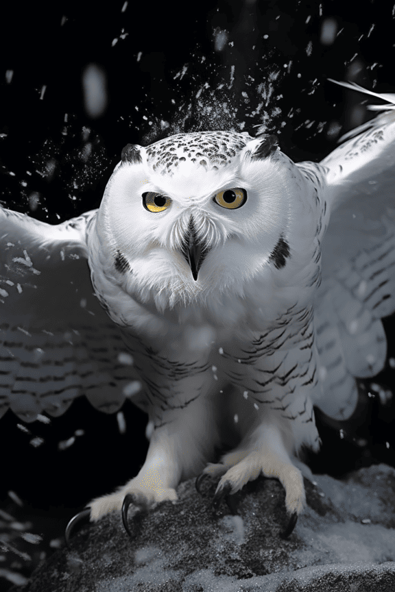 Close-up head of snowy owl (Bubo scandiacus) in flight