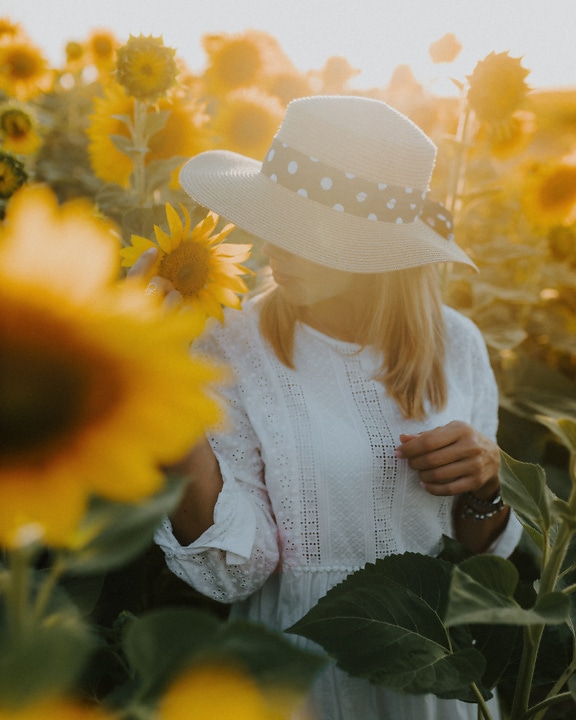 Người phụ nữ tóc vàng đội mũ rơm trên cánh đồng hoa hướng dương lúc nắng