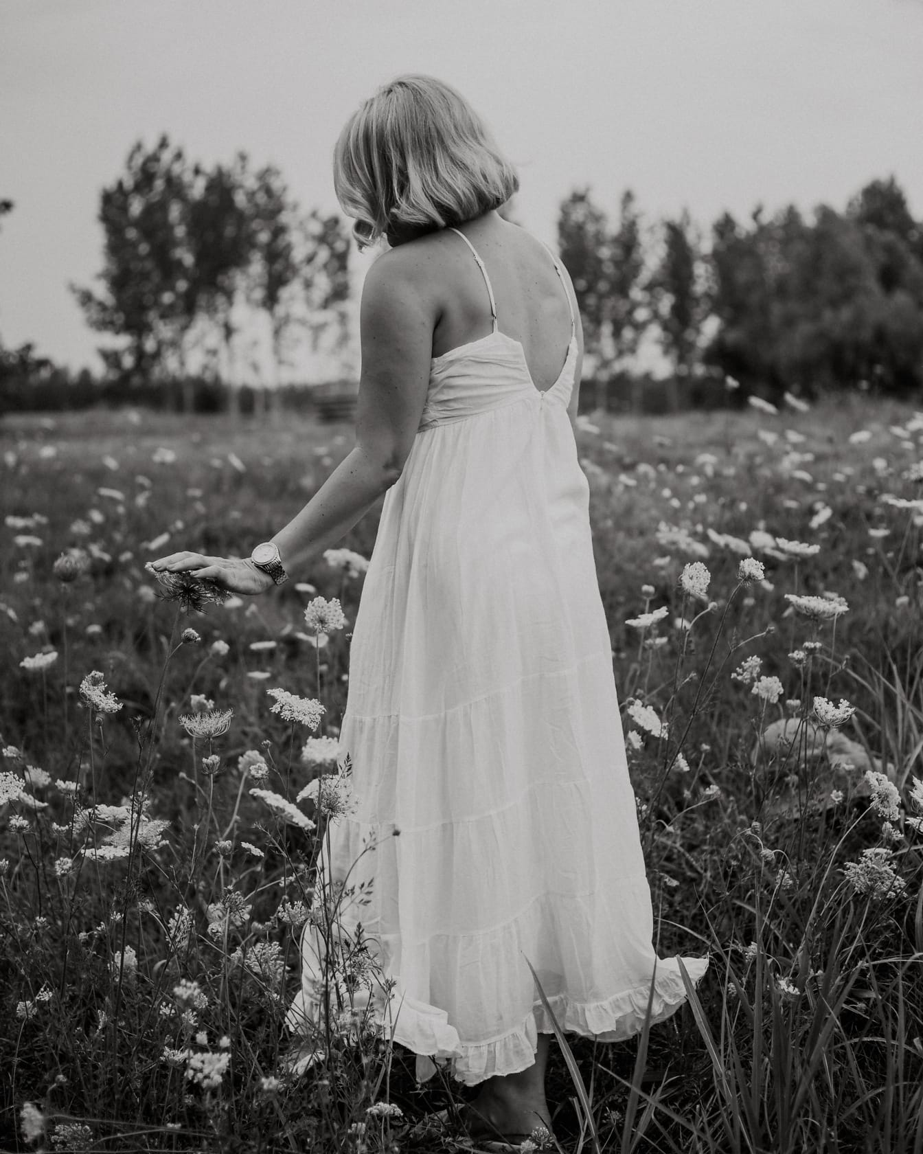 Weißes altmodisches Kleid auf blondem in Wiese monochromes Foto