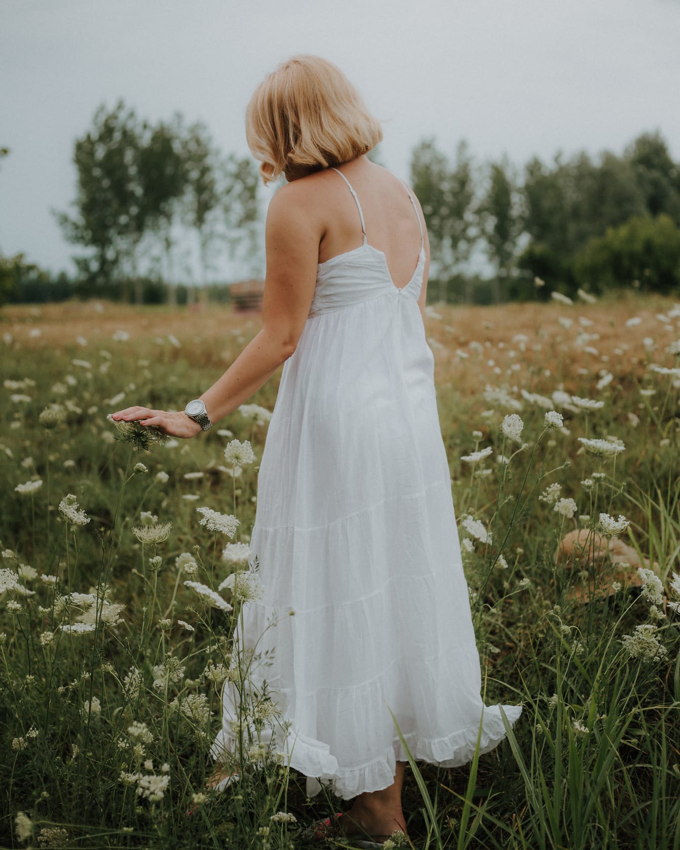 Wanita pirang di padang rumput mengenakan gaun putih