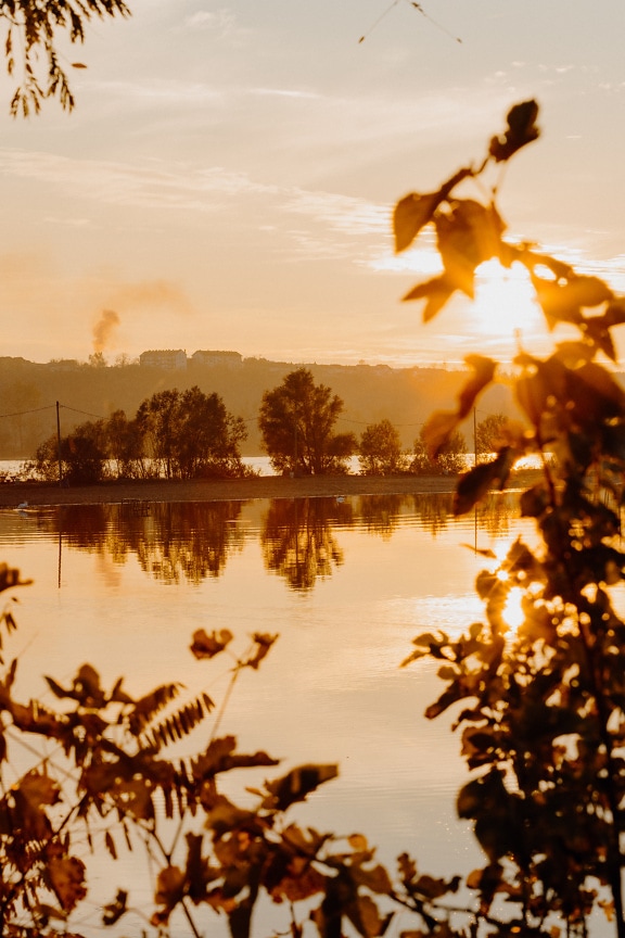 Ярко-оранжево-желтый закат на берегу озера с отражением в воде