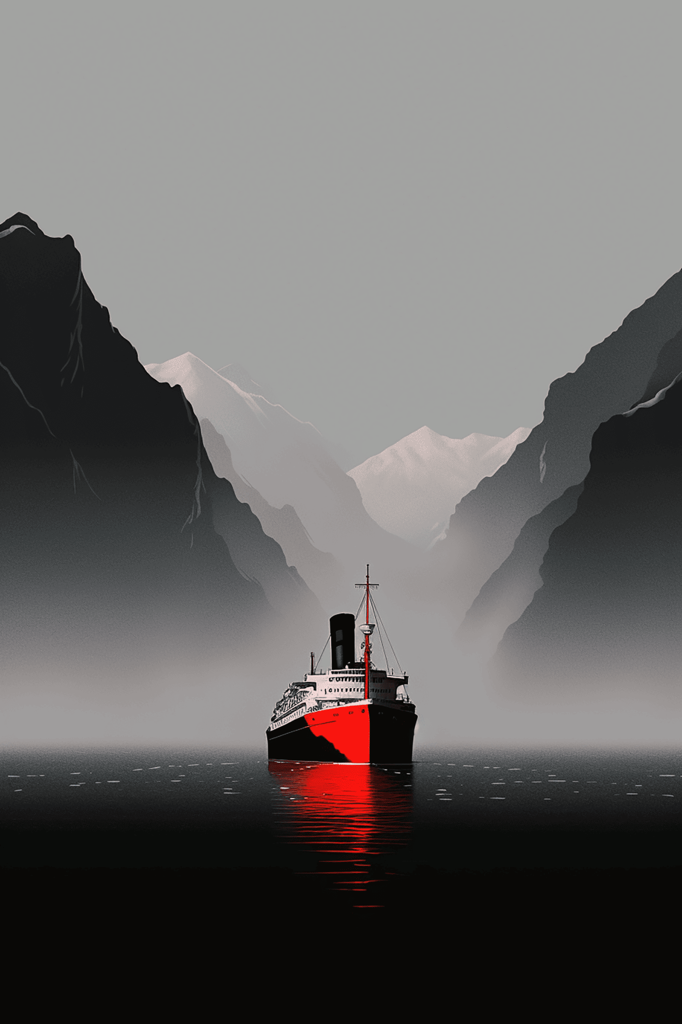 Vectorillustratie van cruiseschip in baai met bergen als achtergrond