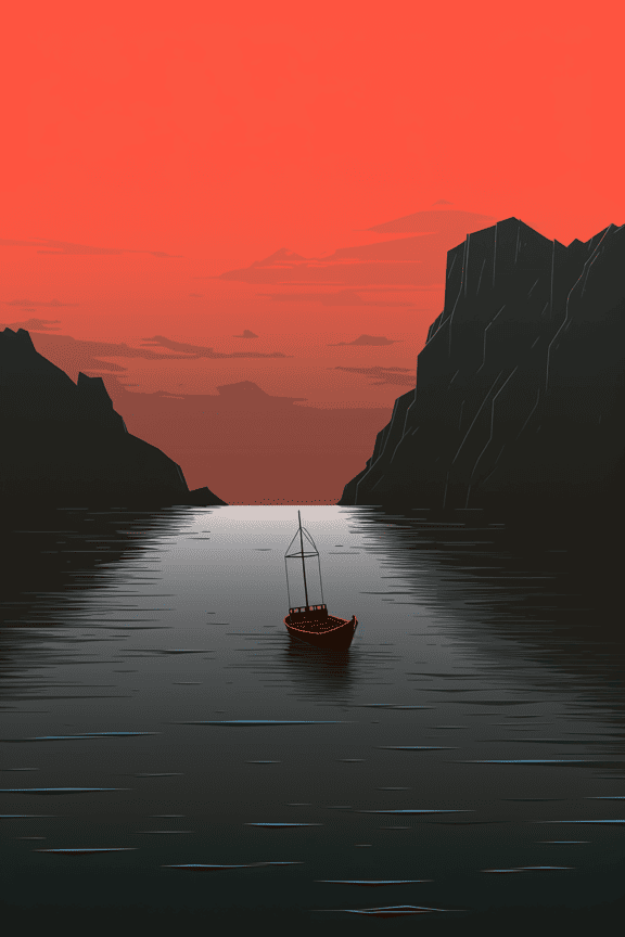 Grafika wektorowa ciemnoczerwonego zachodu słońca w zatoce z sylwetką łodzi rybackiej