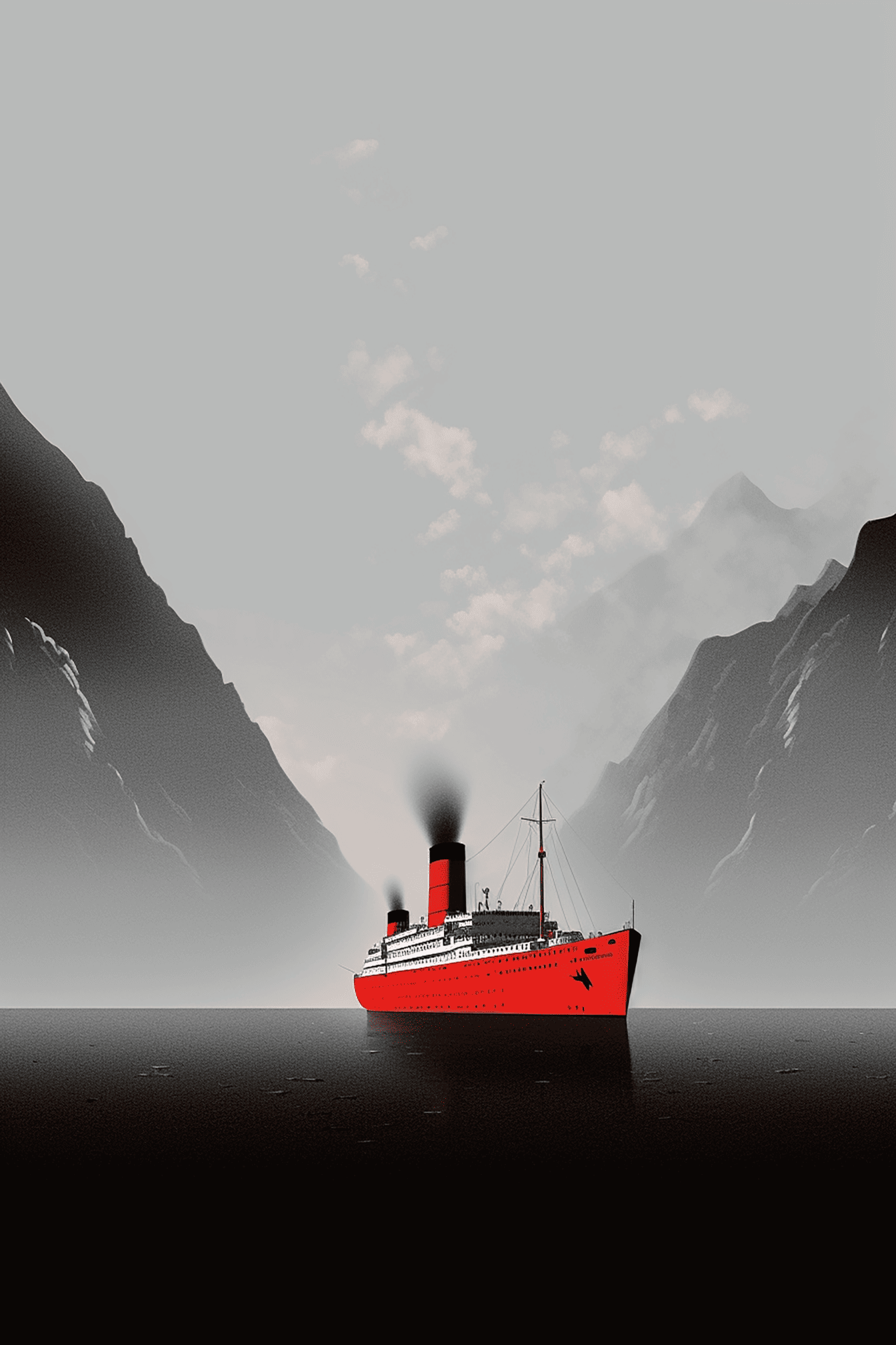 Графична илюстрация на тъмночервен круизен кораб в залива