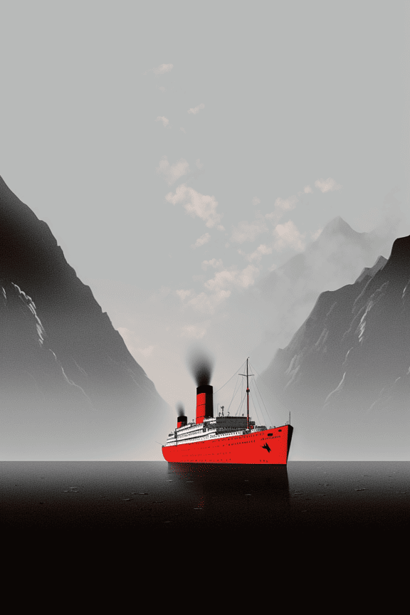 Graphic illustration of dark red cruise ship in bay
