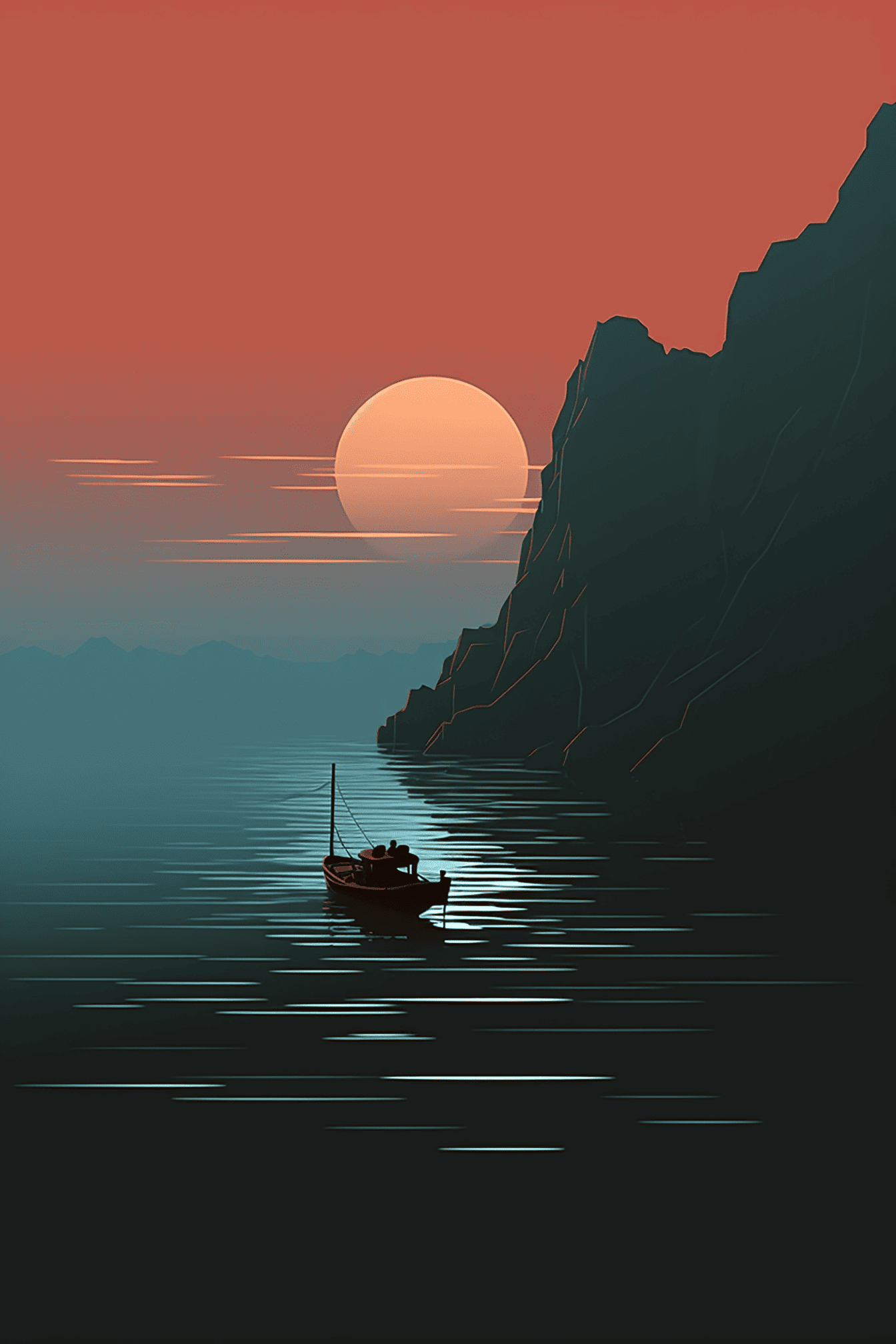 崖の夕暮れ時の漁船のベクトル図