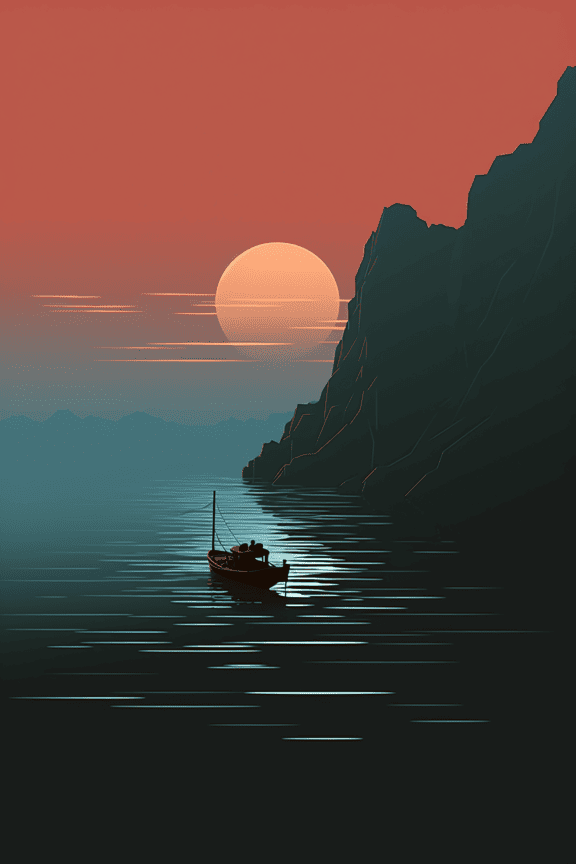 Векторна илюстрация на рибарска лодка при залез слънце от скала