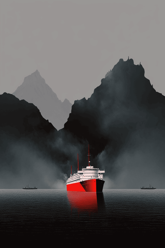 илюстрация, вектор, товарен кораб, тъмно червено, Бей, мъгливо, кораб