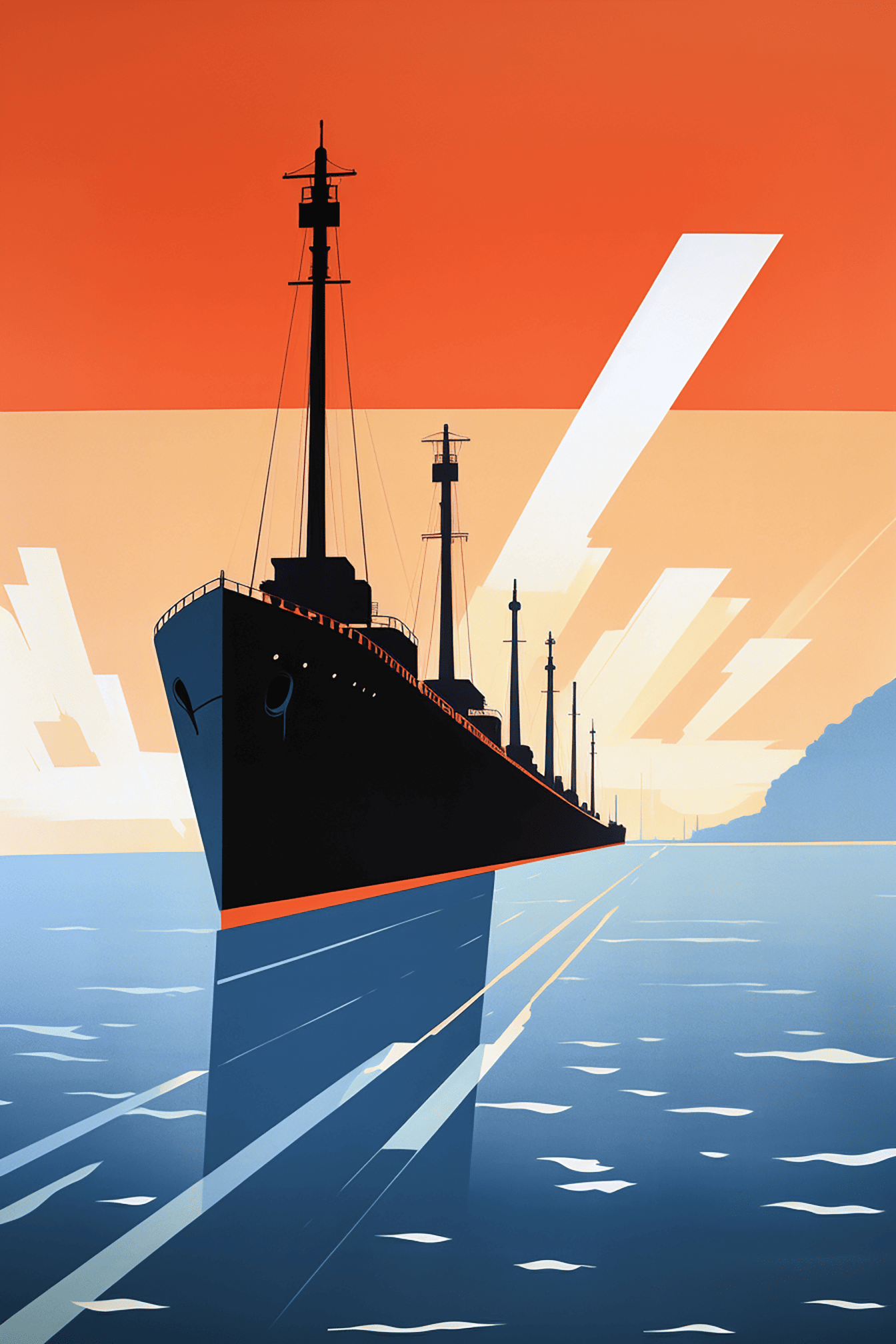 ilustracja wektorowa czarnego statku transportowego o wschodzie słońca