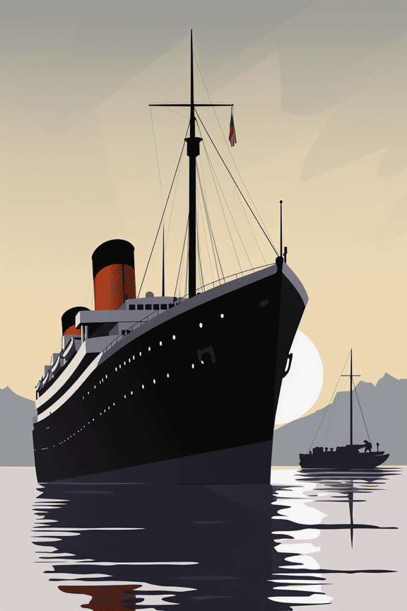 Illustration of Titanic steamship with silhouette of fishing boat in background