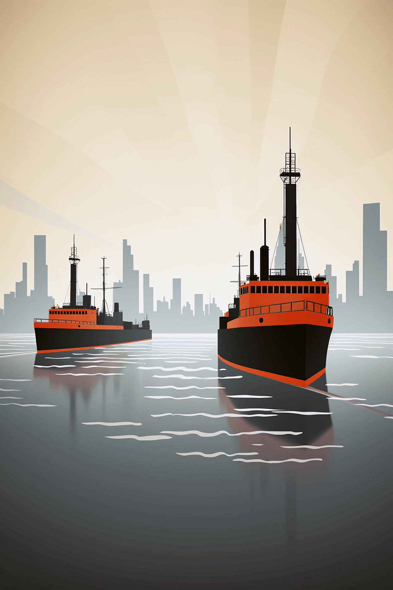 Тъмночервен ледоразбивач и векторна графична илюстрация на круизен кораб