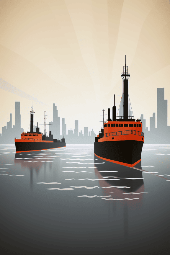 Dark red icebreaker and cruise ship vector graphic illustration
