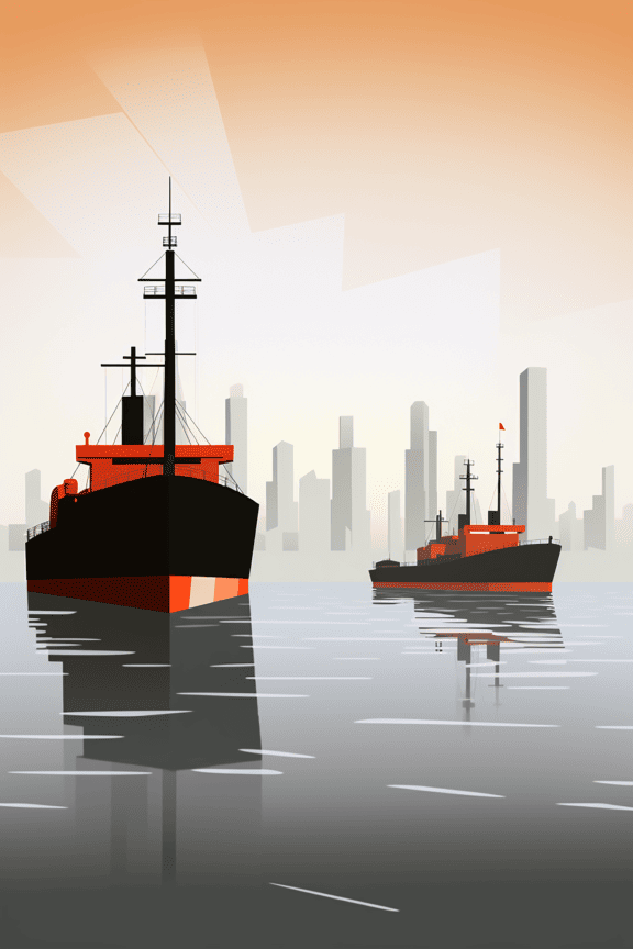Dark red tugboat ships in harbor vector graphic illustration