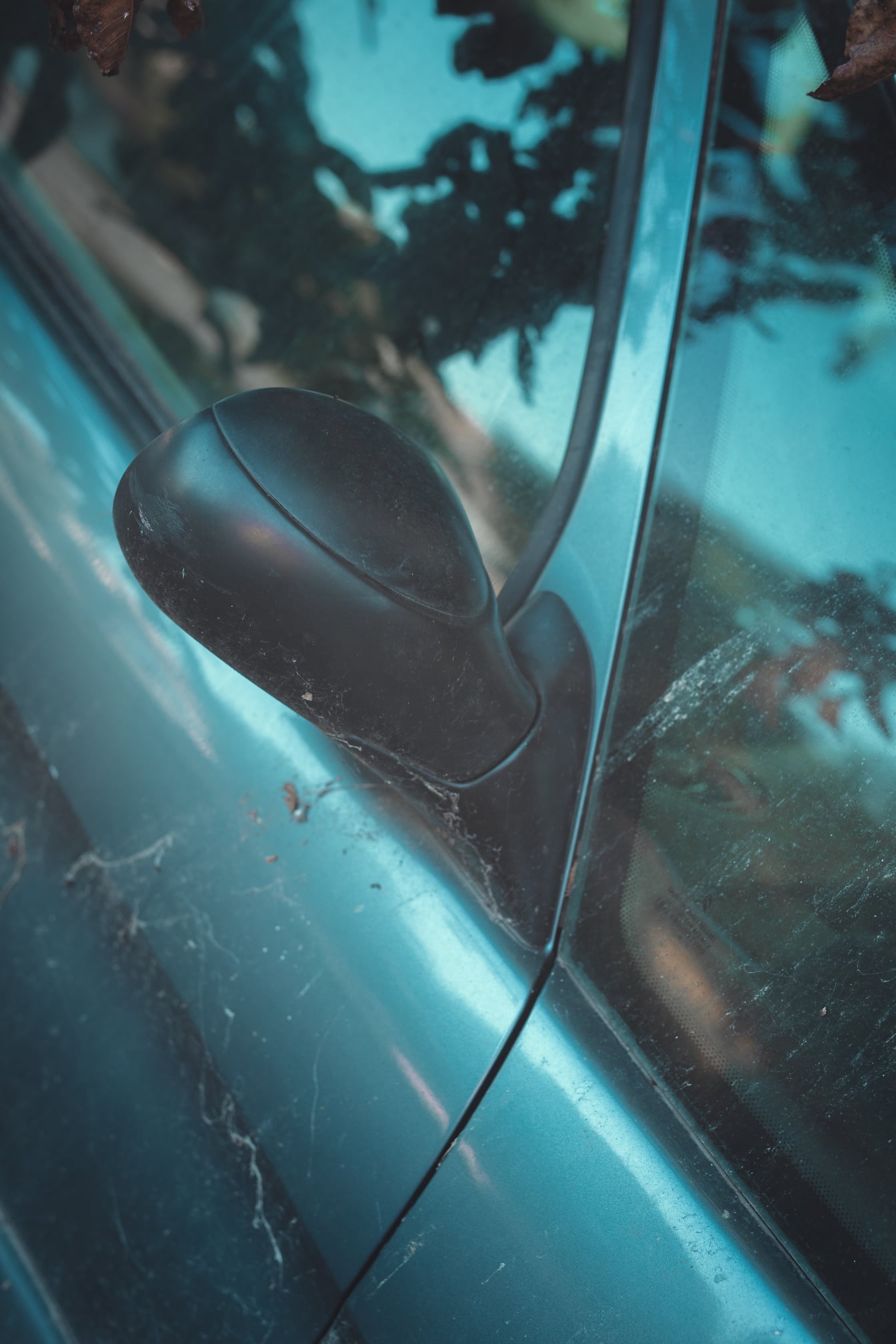 Dettaglio ravvicinato dello specchietto retrovisore dell’auto sporca