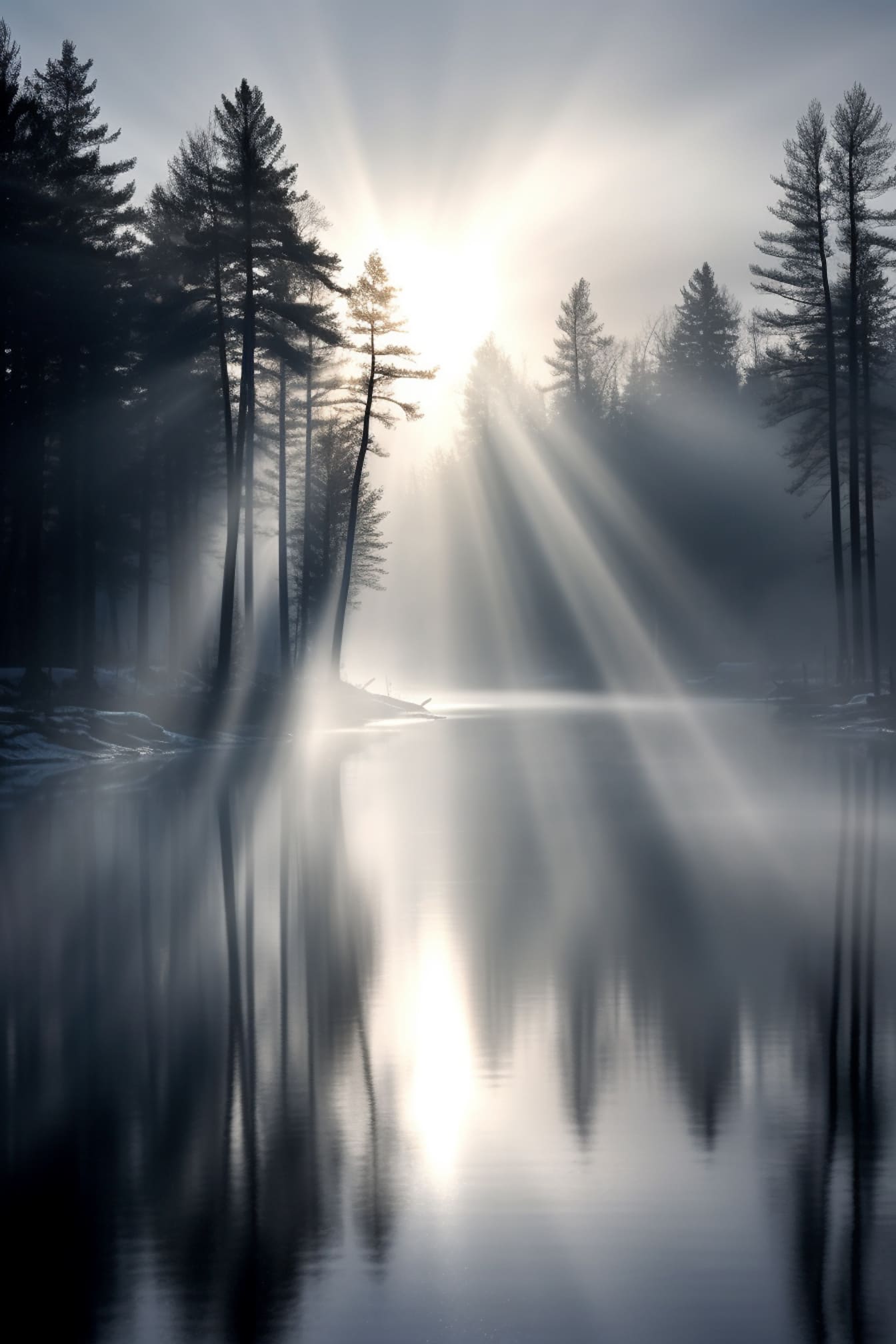 Ομιχλώδης δίπλα στη λίμνη με θολές ακτίνες του ήλιου γραφική απεικόνιση