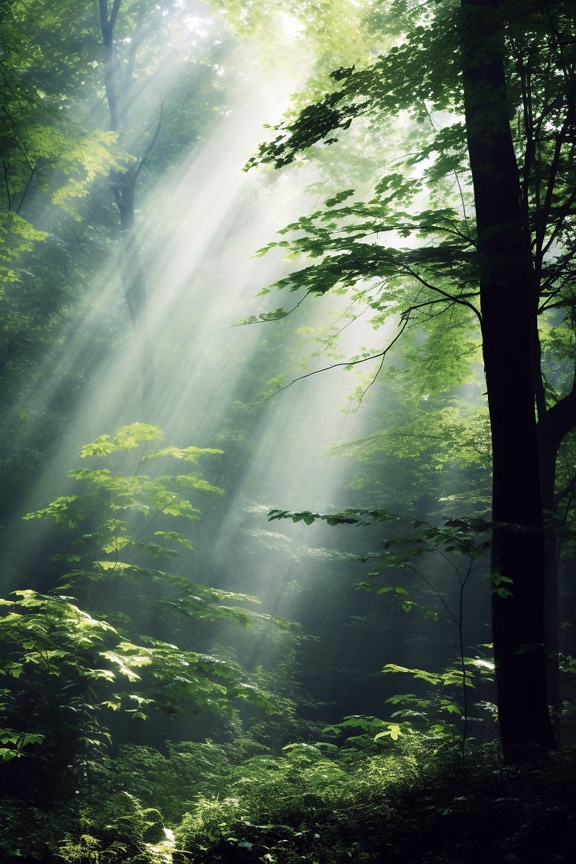 Majestic sunlight in dark green forest at spring time
